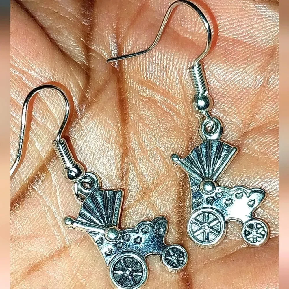 Super cute vintage baby carrrage stroller earrings